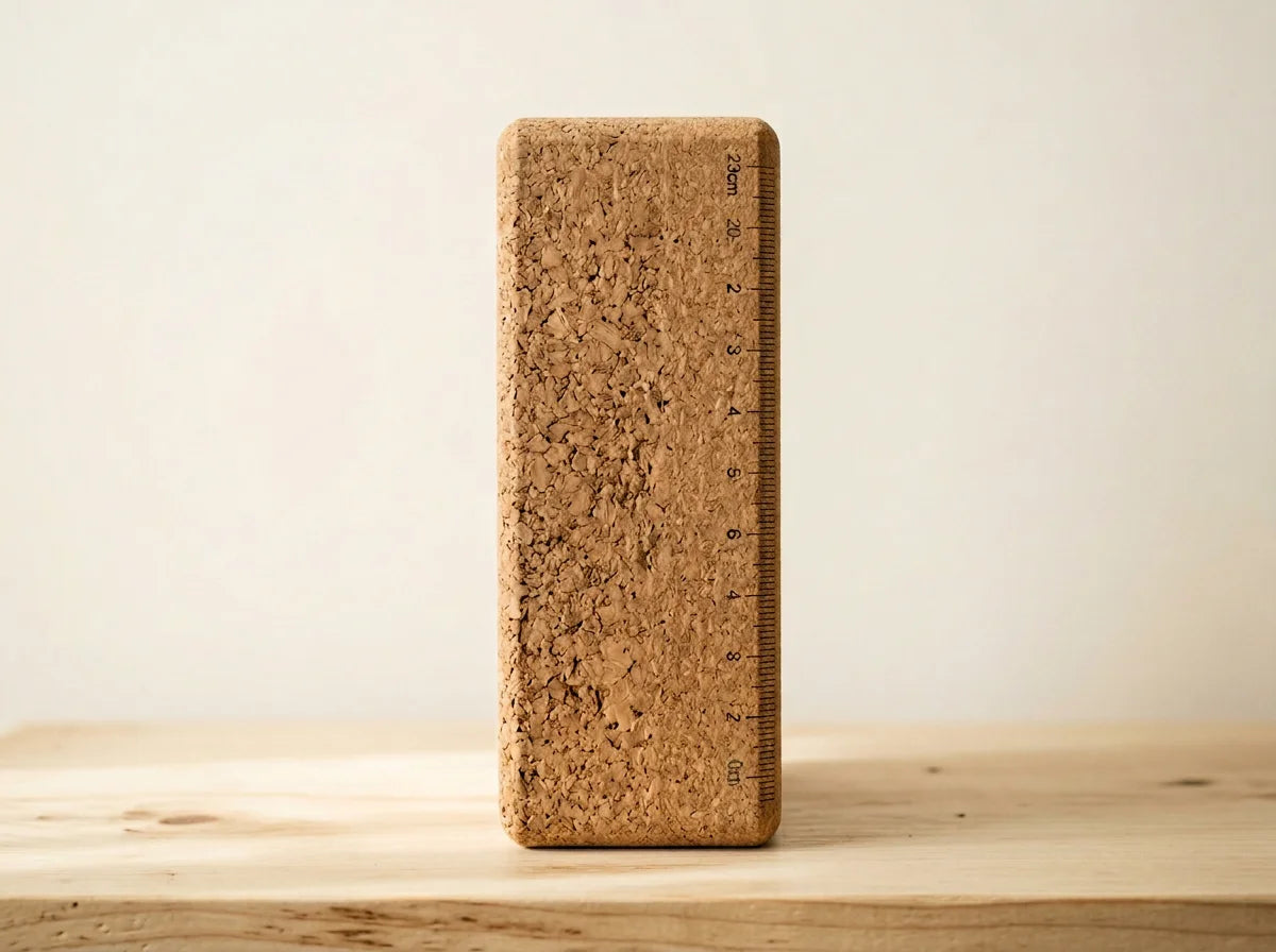 Side profile of thick cork yoga block showing 23cm height with ruler — Zenora Fitness