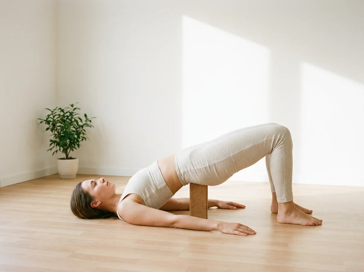 Woman using cork yoga block in bridge pose — MUJI morning light