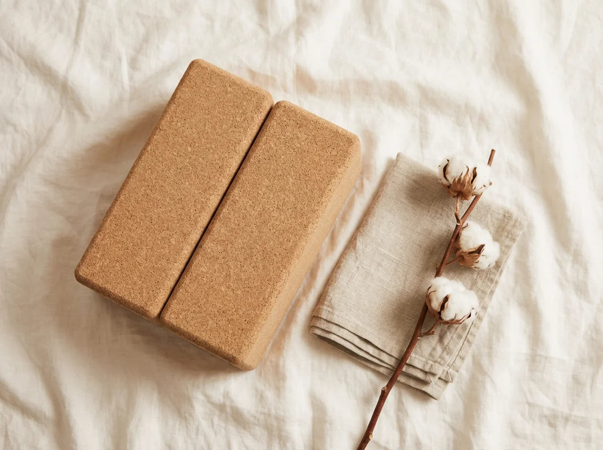 Set of 2 thick cork yoga blocks flat lay with cotton stem — Zenora Fitness Zen Series