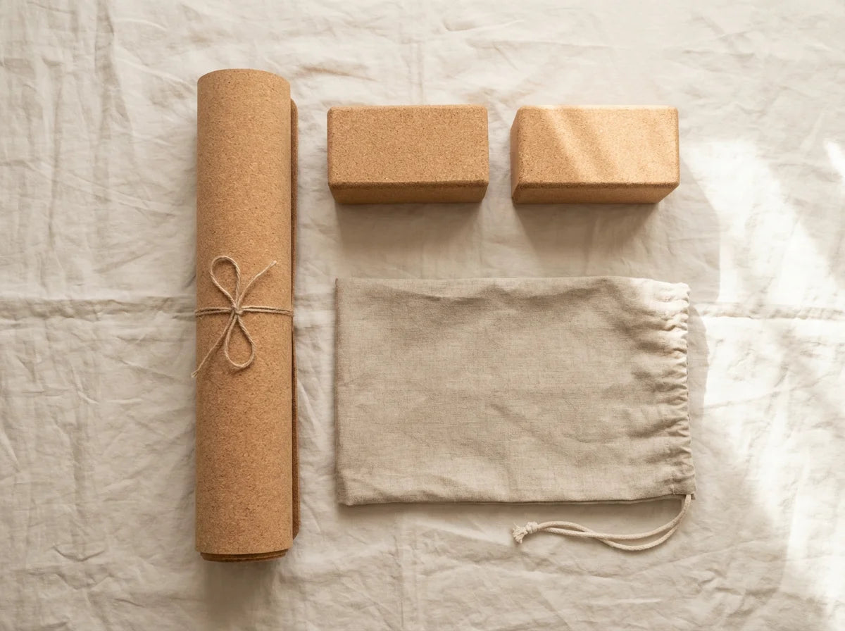 Woman practicing yoga on cork mat