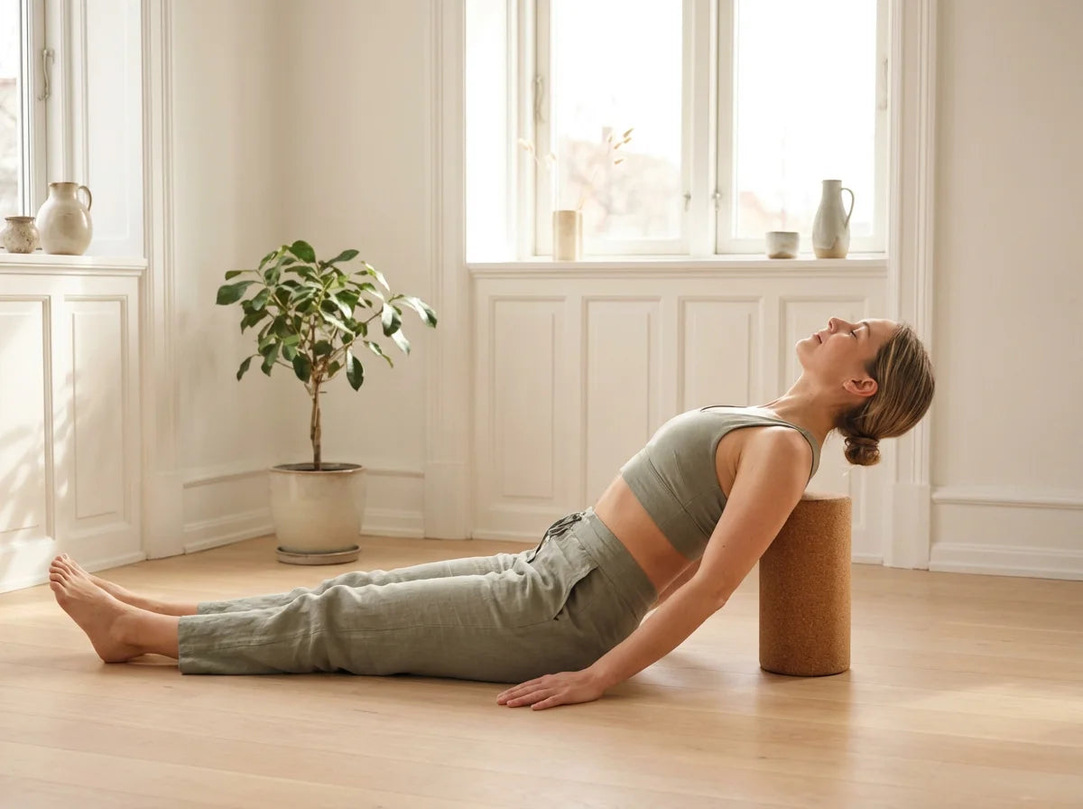 Woman in supported fish pose using thick cork yoga block — MUJI morning light