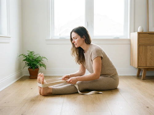 Woman using yoga strap in seated forward fold