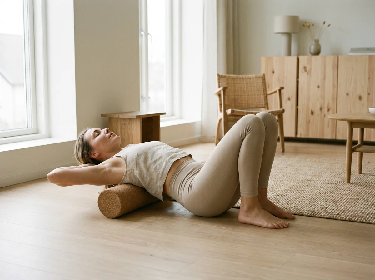 Woman using cork roller for back massage