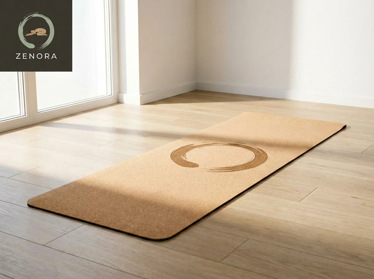 Zenora Natural Cork Yoga Mat with Logo and Alignment Lines